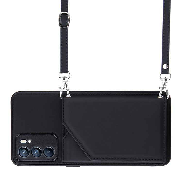 Leather Phone Stand Case with Multiple Back Card Slots + Shoulder Strap for Oppo Reno6 5G - Black