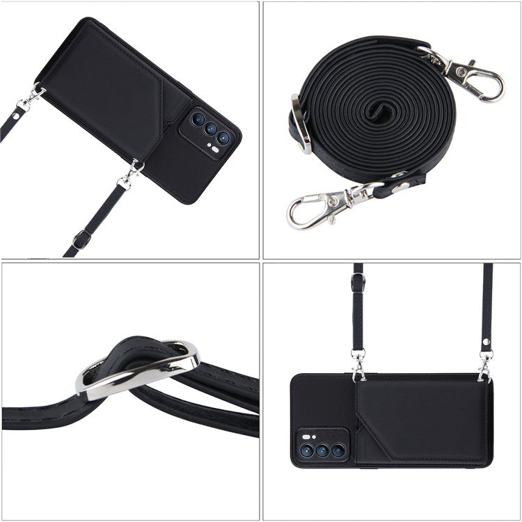 Leather Phone Stand Case with Multiple Back Card Slots + Shoulder Strap for Oppo Reno6 5G - Black