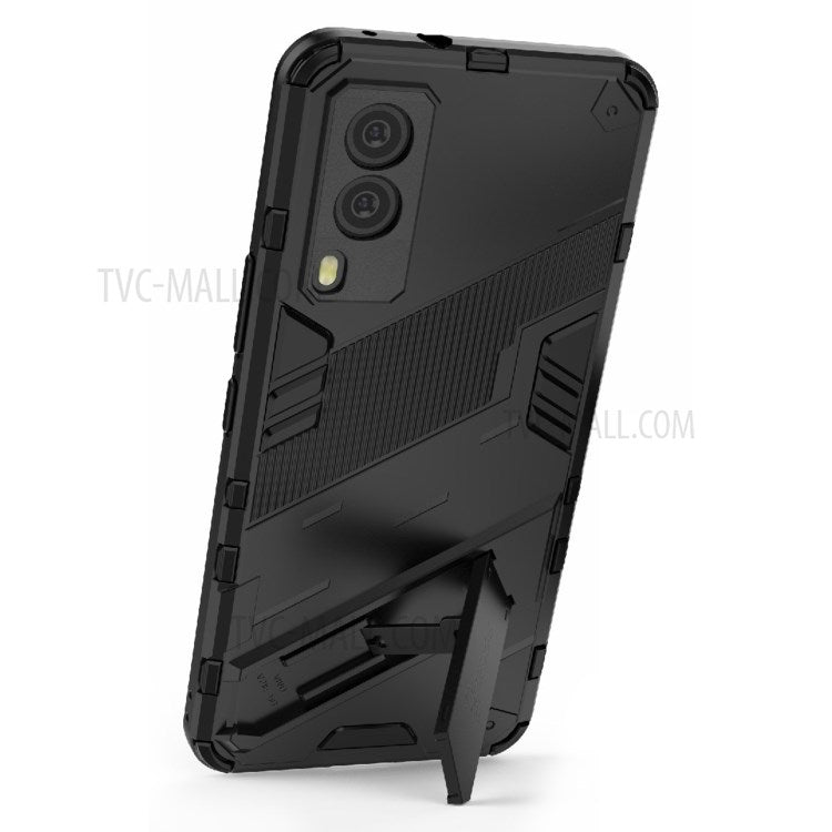 Hybrid Impact Anti-Slip Hard PC Soft TPU Shockproof Protective Case with Kickstand for vivo V21e 5G - Black