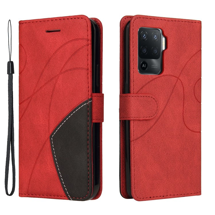 KT Leather Series-1 Bi-color Splicing Design for Oppo A94 / A94 5G / F19 Pro / A95 5G, Skin Touch Feeling PU Leather Wallet Case Flip Cover with Wrist Strap - Red