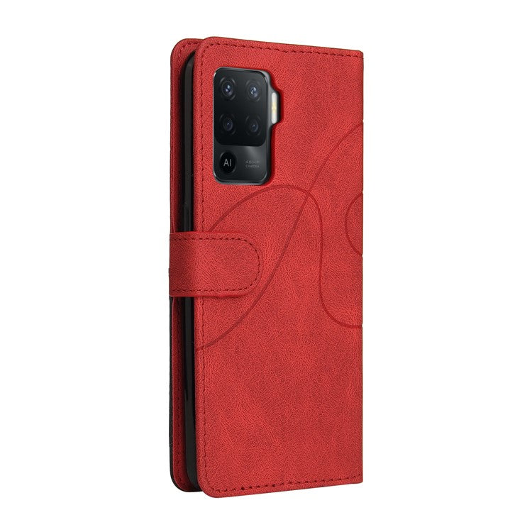 KT Leather Series-1 Bi-color Splicing Design for Oppo A94 / A94 5G / F19 Pro / A95 5G, Skin Touch Feeling PU Leather Wallet Case Flip Cover with Wrist Strap - Red