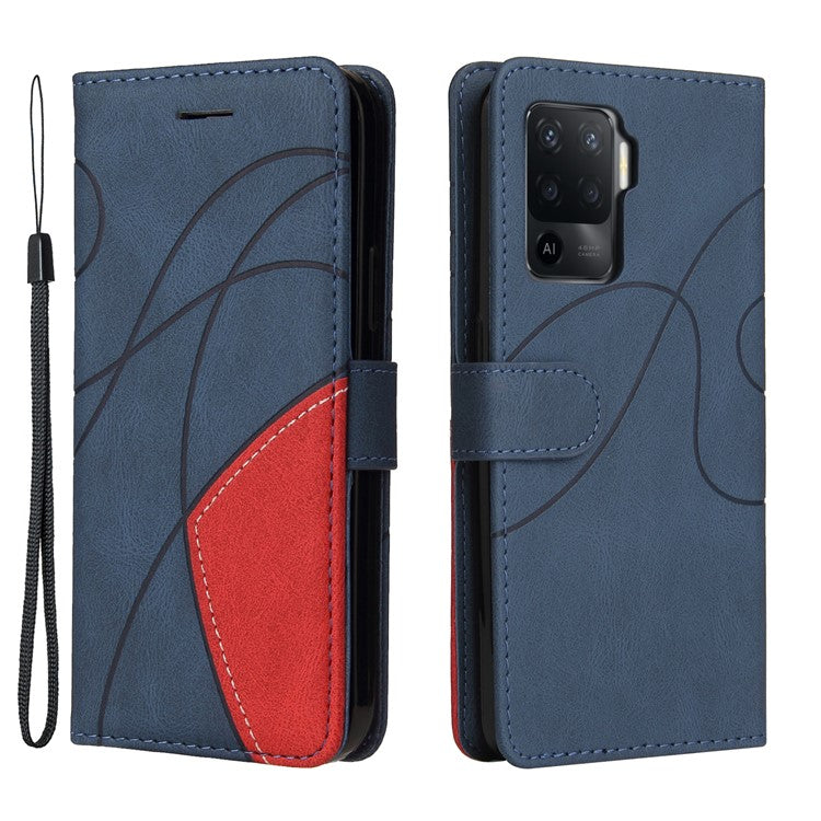 KT Leather Series-1 Bi-color Splicing Design for Oppo A94 / A94 5G / F19 Pro / A95 5G, Skin Touch Feeling PU Leather Wallet Case Flip Cover with Wrist Strap - Blue