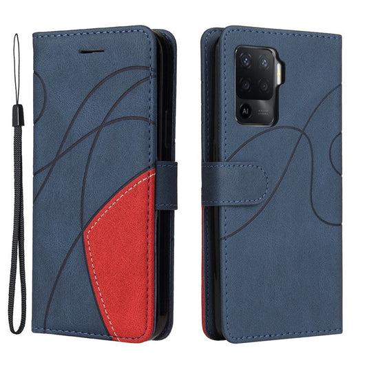 KT Leather Series-1 Bi-color Splicing Design for Oppo A94 / A94 5G / F19 Pro / A95 5G, Skin Touch Feeling PU Leather Wallet Case Flip Cover with Wrist Strap - Blue