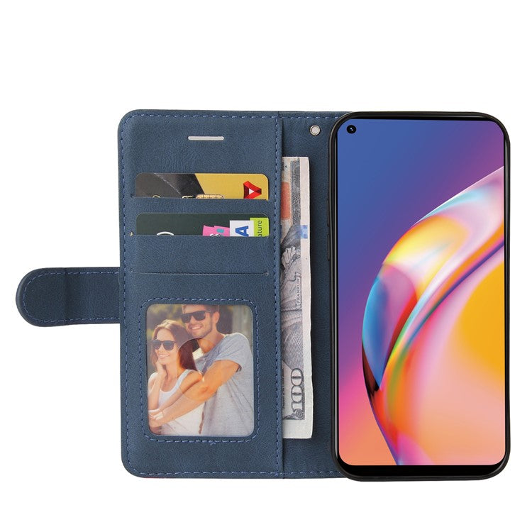 KT Leather Series-1 Bi-color Splicing Design for Oppo A94 / A94 5G / F19 Pro / A95 5G, Skin Touch Feeling PU Leather Wallet Case Flip Cover with Wrist Strap - Blue