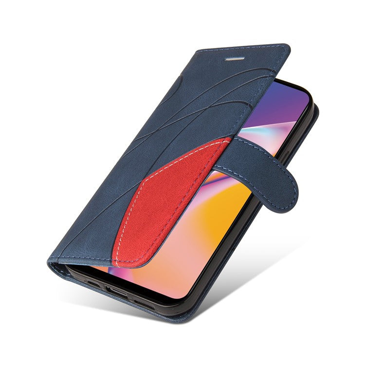 KT Leather Series-1 Bi-color Splicing Design for Oppo A94 / A94 5G / F19 Pro / A95 5G, Skin Touch Feeling PU Leather Wallet Case Flip Cover with Wrist Strap - Blue