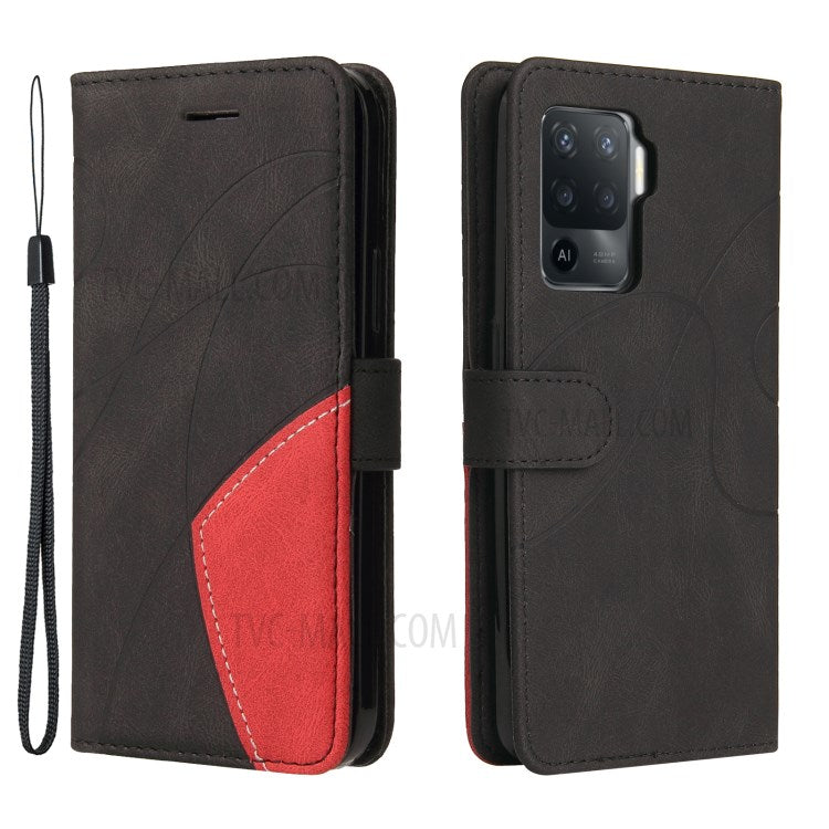 KT Leather Series-1 Bi-color Splicing Design for Oppo A94 / A94 5G / F19 Pro / A95 5G, Skin Touch Feeling PU Leather Wallet Case Flip Cover with Wrist Strap - Black