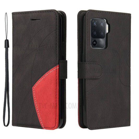 KT Leather Series-1 Bi-color Splicing Design for Oppo A94 / A94 5G / F19 Pro / A95 5G, Skin Touch Feeling PU Leather Wallet Case Flip Cover with Wrist Strap - Black