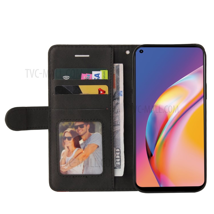 KT Leather Series-1 Bi-color Splicing Design for Oppo A94 / A94 5G / F19 Pro / A95 5G, Skin Touch Feeling PU Leather Wallet Case Flip Cover with Wrist Strap - Black