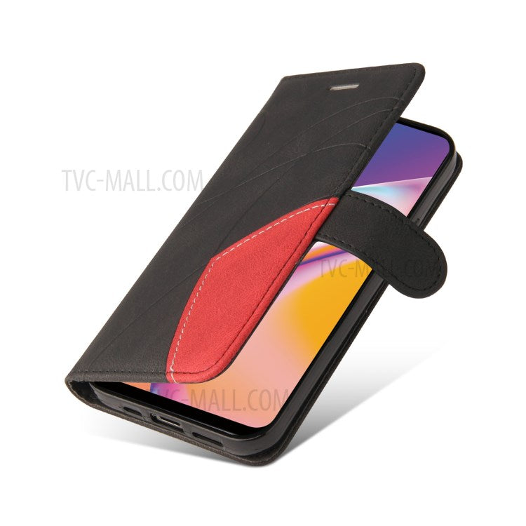 KT Leather Series-1 Bi-color Splicing Design for Oppo A94 / A94 5G / F19 Pro / A95 5G, Skin Touch Feeling PU Leather Wallet Case Flip Cover with Wrist Strap - Black