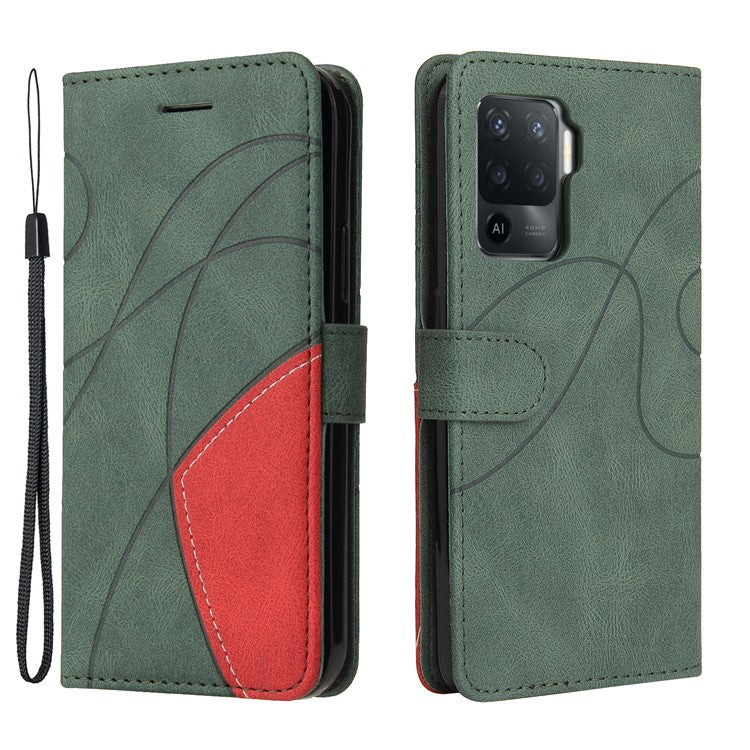 KT Leather Series-1 Bi-color Splicing Design for Oppo A94 / A94 5G / F19 Pro / A95 5G, Skin Touch Feeling PU Leather Wallet Case Flip Cover with Wrist Strap - Green