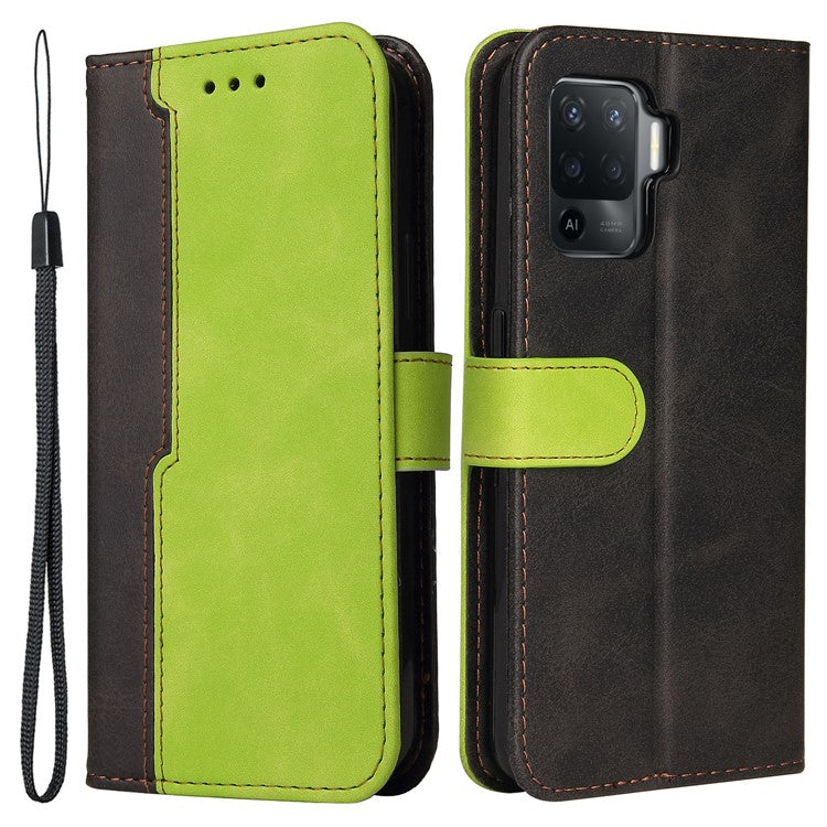 Two-Color Stitching Business Style Flip Magnetic Stand PU Leather Wallet Case for Oppo A94 / F19 Pro / Reno5 F / Reno5 Lite - Green/Black