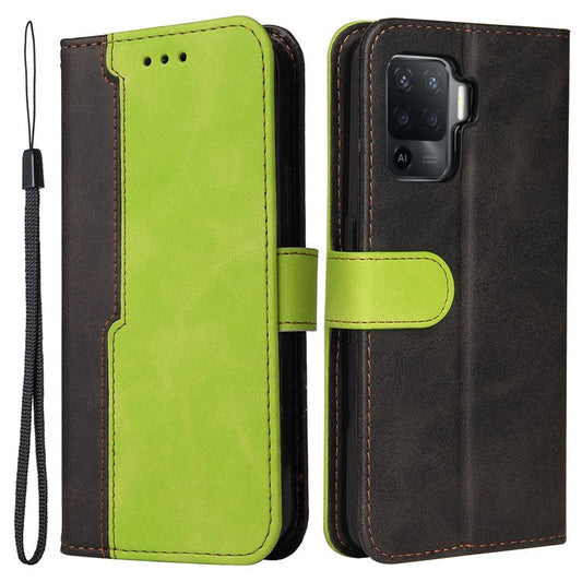 Two-Color Stitching Business Style Flip Magnetic Stand PU Leather Wallet Case for Oppo A94 / F19 Pro / Reno5 F / Reno5 Lite - Green/Black