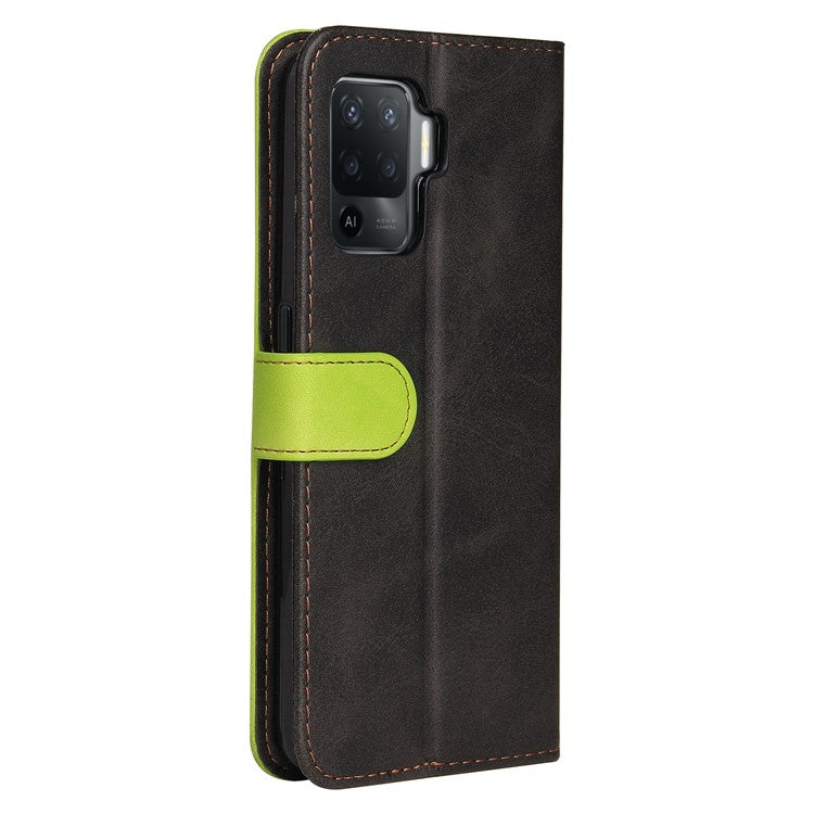 Two-Color Stitching Business Style Flip Magnetic Stand PU Leather Wallet Case for Oppo A94 / F19 Pro / Reno5 F / Reno5 Lite - Green/Black