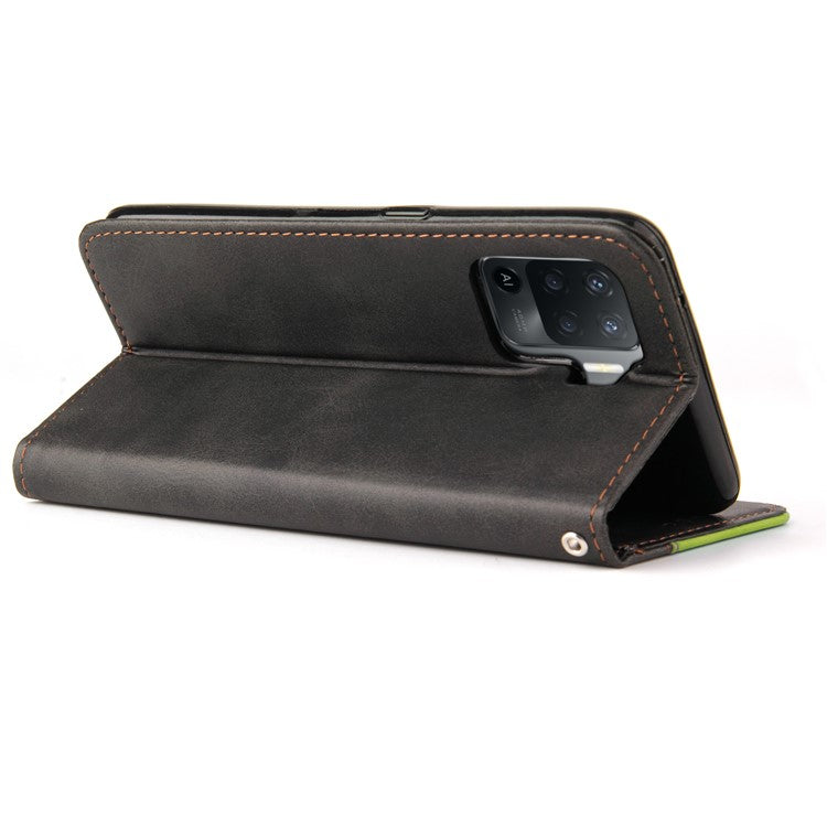 Two-Color Stitching Business Style Flip Magnetic Stand PU Leather Wallet Case for Oppo A94 / F19 Pro / Reno5 F / Reno5 Lite - Green/Black