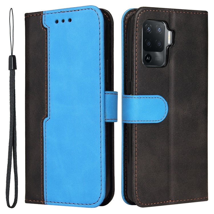 Two-Color Stitching Business Style Flip Magnetic Stand PU Leather Wallet Case for Oppo A94 / F19 Pro / Reno5 F / Reno5 Lite - Blue/Black