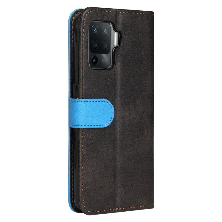Two-Color Stitching Business Style Flip Magnetic Stand PU Leather Wallet Case for Oppo A94 / F19 Pro / Reno5 F / Reno5 Lite - Blue/Black