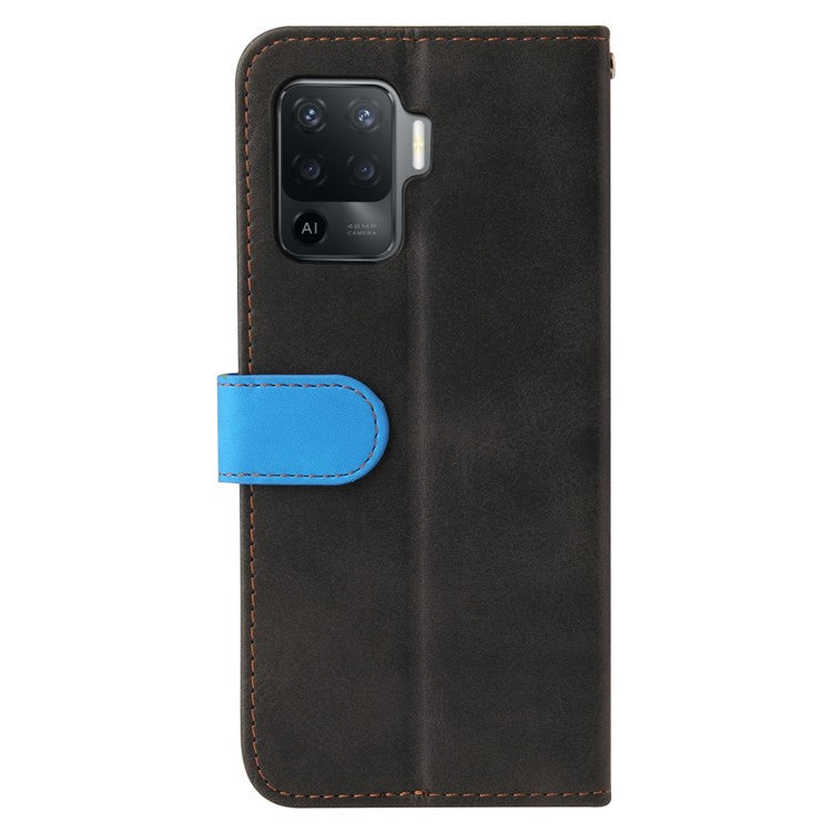 Two-Color Stitching Business Style Flip Magnetic Stand PU Leather Wallet Case for Oppo A94 / F19 Pro / Reno5 F / Reno5 Lite - Blue/Black