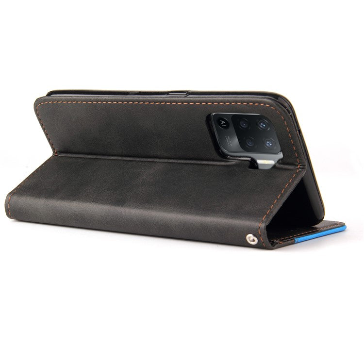 Two-Color Stitching Business Style Flip Magnetic Stand PU Leather Wallet Case for Oppo A94 / F19 Pro / Reno5 F / Reno5 Lite - Blue/Black