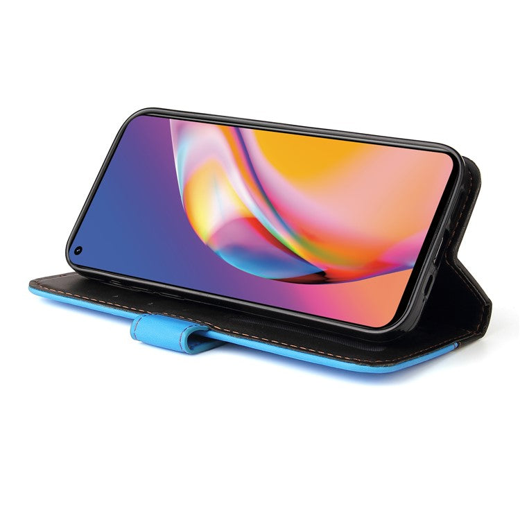 Two-Color Stitching Business Style Flip Magnetic Stand PU Leather Wallet Case for Oppo A94 / F19 Pro / Reno5 F / Reno5 Lite - Blue/Black
