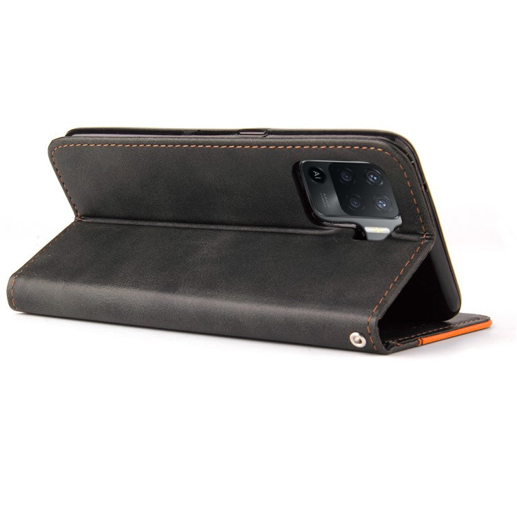 Two-Color Stitching Business Style Flip Magnetic Stand PU Leather Wallet Case for Oppo A94 / F19 Pro / Reno5 F / Reno5 Lite - Orange/Black