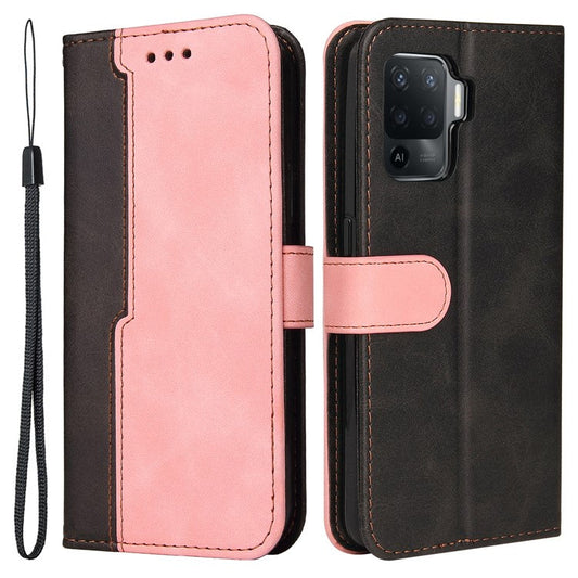 Two-Color Stitching Business Style Flip Magnetic Stand PU Leather Wallet Case for Oppo A94 / F19 Pro / Reno5 F / Reno5 Lite - Pink/Black