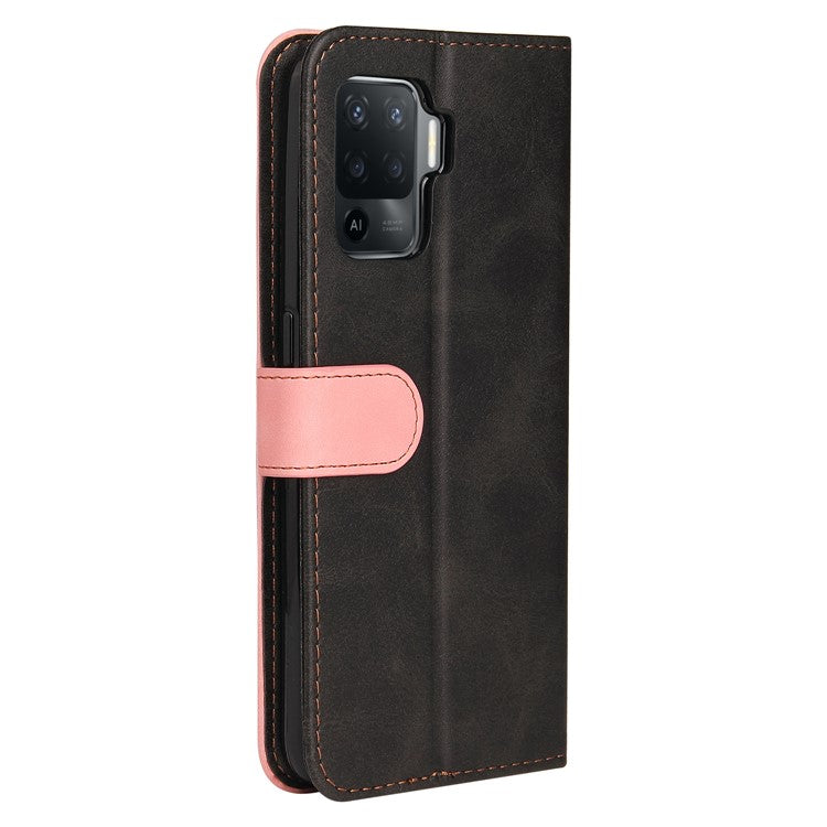 Two-Color Stitching Business Style Flip Magnetic Stand PU Leather Wallet Case for Oppo A94 / F19 Pro / Reno5 F / Reno5 Lite - Pink/Black