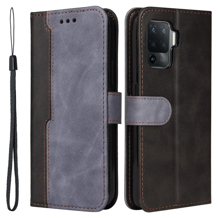 Two-Color Stitching Business Style Flip Magnetic Stand PU Leather Wallet Case for Oppo A94 / F19 Pro / Reno5 F / Reno5 Lite - Grey/Black