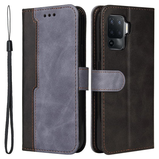 Two-Color Stitching Business Style Flip Magnetic Stand PU Leather Wallet Case for Oppo A94 / F19 Pro / Reno5 F / Reno5 Lite - Grey/Black