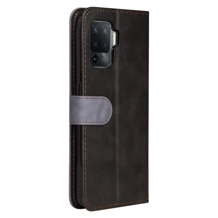 Two-Color Stitching Business Style Flip Magnetic Stand PU Leather Wallet Case for Oppo A94 / F19 Pro / Reno5 F / Reno5 Lite - Grey/Black
