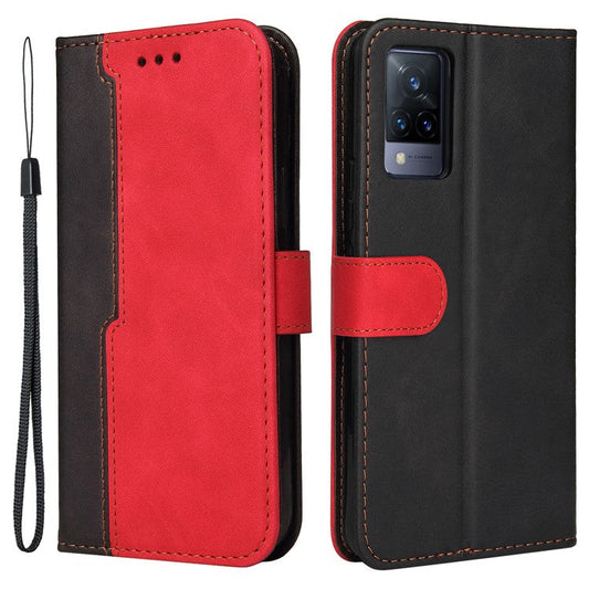 Bi-color Style Soft PU Leather Phone Case Wallet with Strap for vivo V21 4G/5G - Red