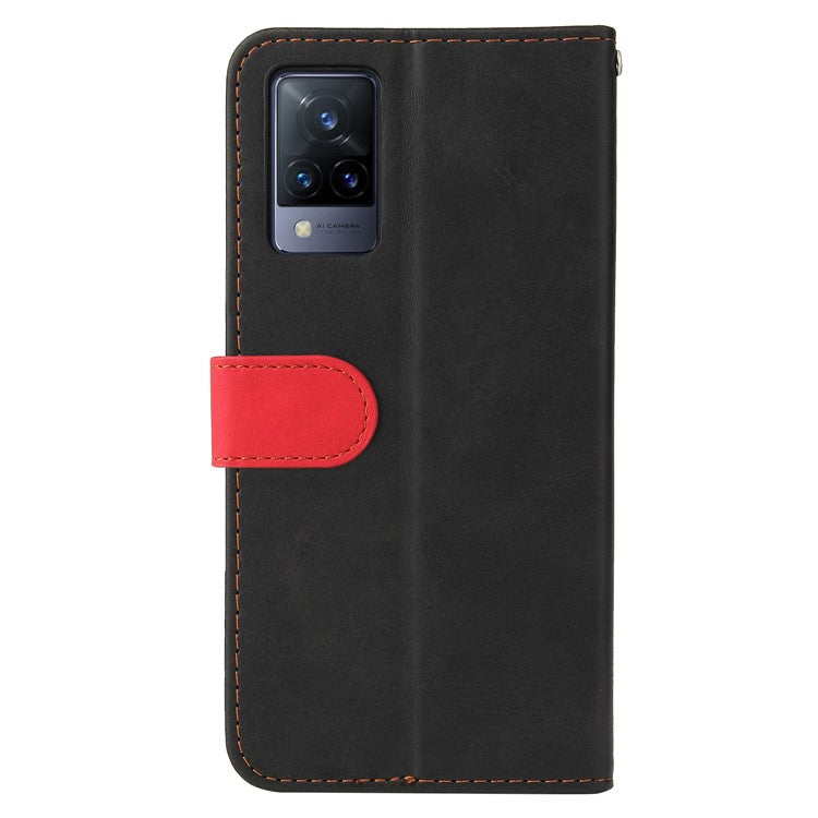 Bi-color Style Soft PU Leather Phone Case Wallet with Strap for vivo V21 4G/5G - Red