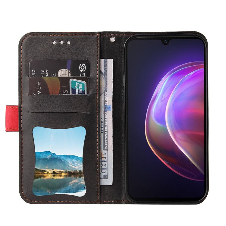 Bi-color Style Soft PU Leather Phone Case Wallet with Strap for vivo V21 4G/5G - Red