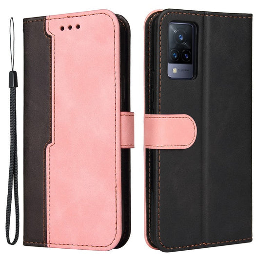 Bi-color Style Soft PU Leather Phone Case Wallet with Strap for vivo V21 4G/5G - Pink