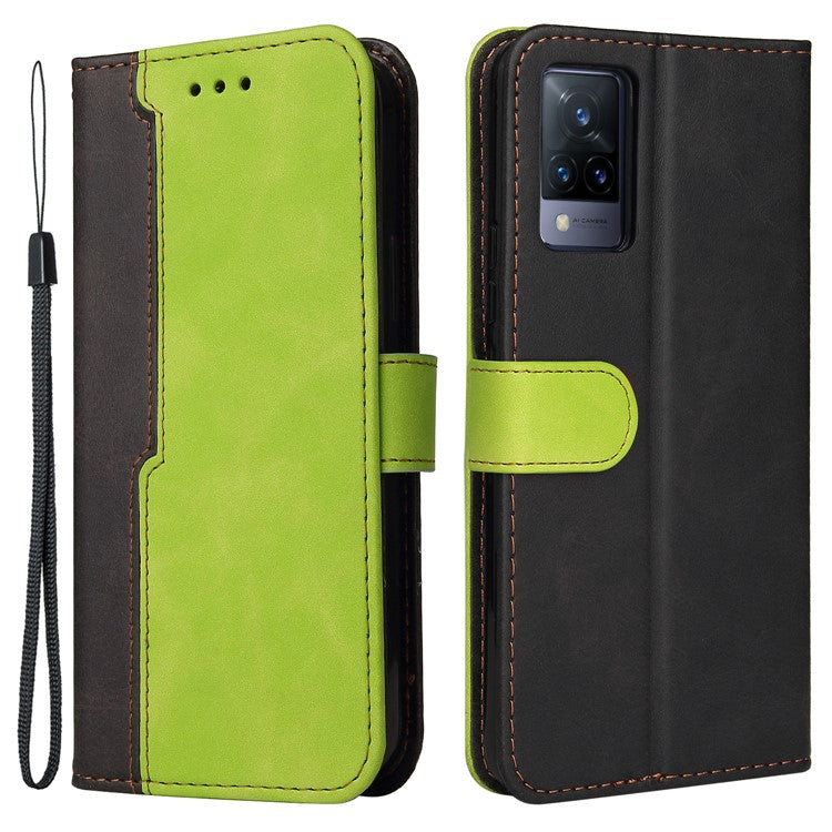 Bi-color Style Soft PU Leather Phone Case Wallet with Strap for vivo V21 4G/5G - Green