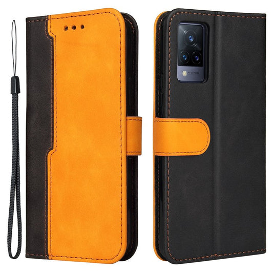 Bi-color Style Soft PU Leather Phone Case Wallet with Strap for vivo V21 4G/5G - Orange