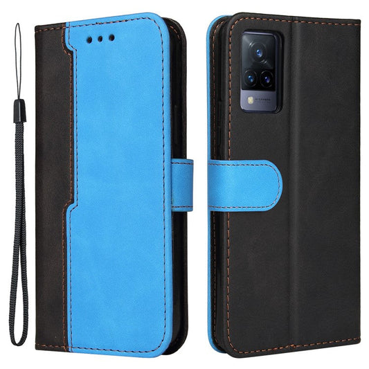 Bi-color Style Soft PU Leather Phone Case Wallet with Strap for vivo V21 4G/5G - Blue