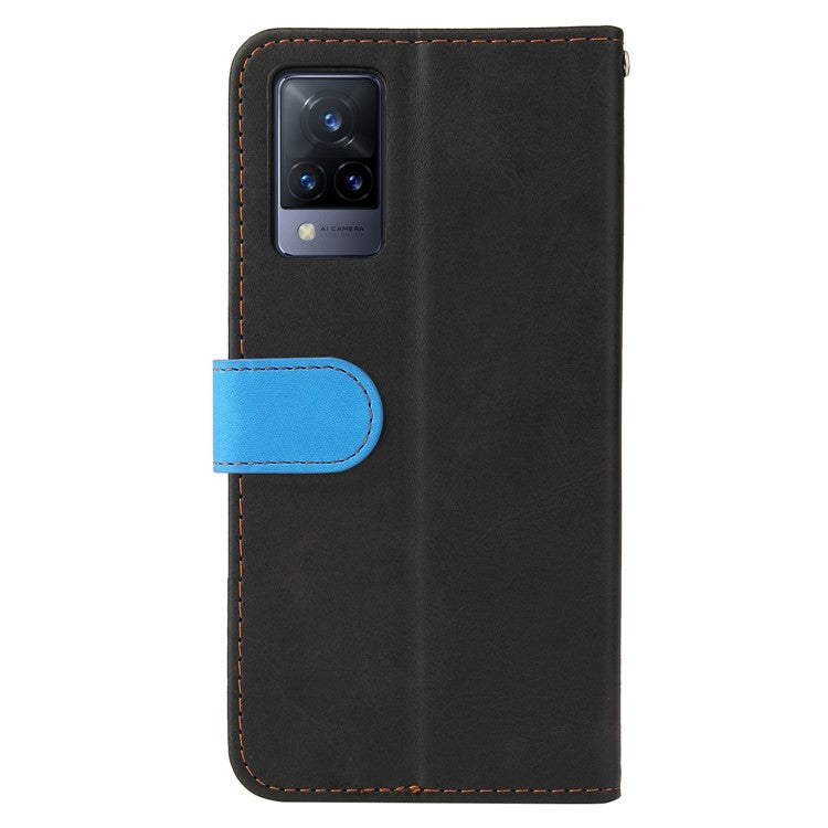 Bi-color Style Soft PU Leather Phone Case Wallet with Strap for vivo V21 4G/5G - Blue