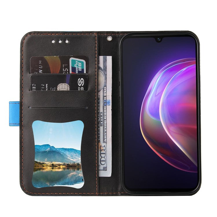 Bi-color Style Soft PU Leather Phone Case Wallet with Strap for vivo V21 4G/5G - Blue