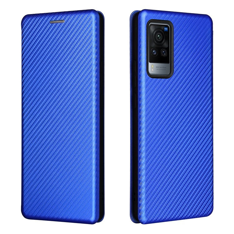 Carbon Fiber Design Durable Shock Absorption Magnetic Leather Case with Card Slot and Ring Strap for vivo X60 Pro 5G (Global) / X60 5G (Curved Screen Version) - Blue
