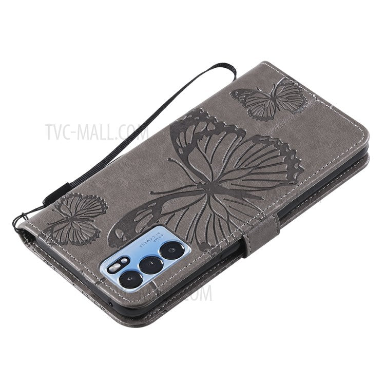 KT Imprinting Flower Series-2 Folio Flip Butterflies Imprinting Leather Wallet Case with Stand for Oppo Reno6 5G - Grey
