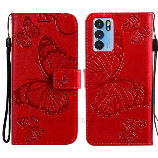 KT Imprinting Flower Series-2 Folio Flip Butterflies Imprinting Leather Wallet Case with Stand for Oppo Reno6 5G - Red