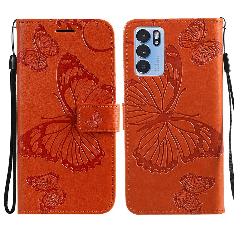 KT Imprinting Flower Series-2 Folio Flip Butterflies Imprinting Leather Wallet Case with Stand for Oppo Reno6 5G - Orange