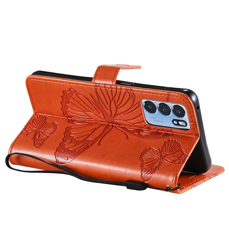 KT Imprinting Flower Series-2 Folio Flip Butterflies Imprinting Leather Wallet Case with Stand for Oppo Reno6 5G - Orange