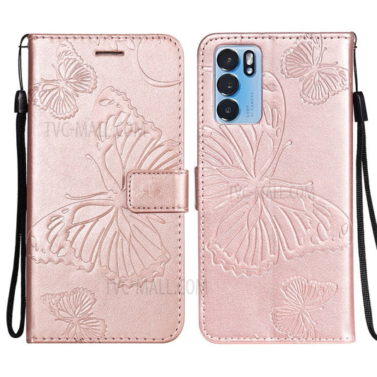 KT Imprinting Flower Series-2 Folio Flip Butterflies Imprinting Leather Wallet Case with Stand for Oppo Reno6 5G - Rose Gold