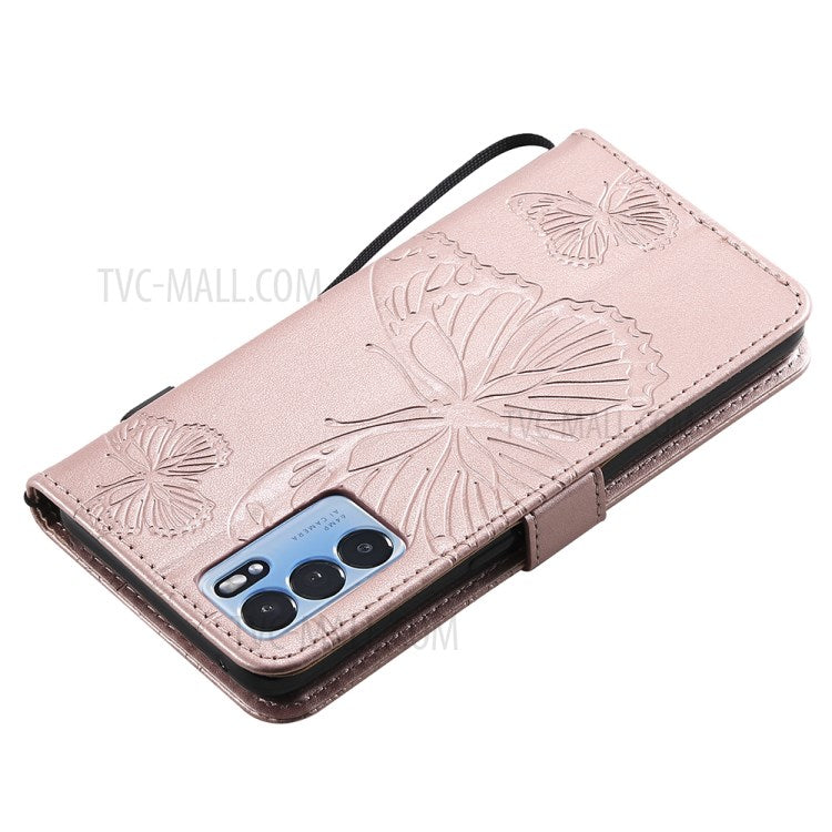 KT Imprinting Flower Series-2 Folio Flip Butterflies Imprinting Leather Wallet Case with Stand for Oppo Reno6 5G - Rose Gold