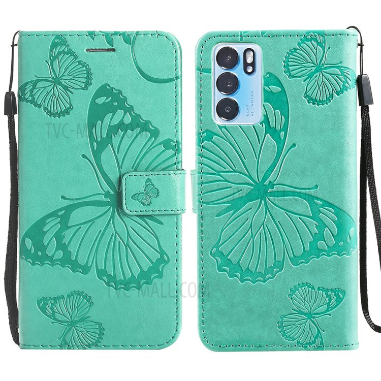 KT Imprinting Flower Series-2 Folio Flip Butterflies Imprinting Leather Wallet Case with Stand for Oppo Reno6 5G - Green
