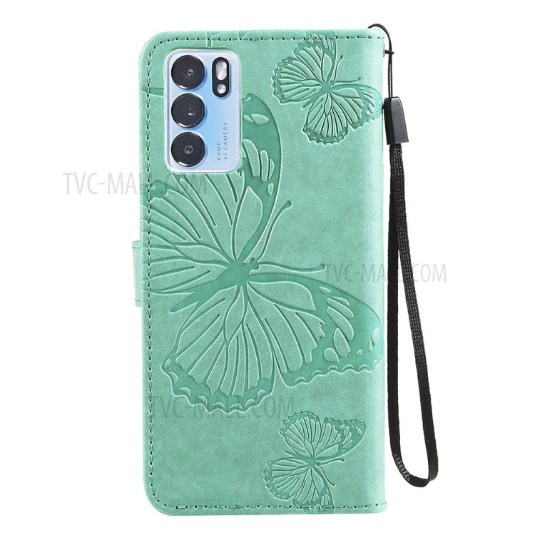 KT Imprinting Flower Series-2 Folio Flip Butterflies Imprinting Leather Wallet Case with Stand for Oppo Reno6 5G - Green