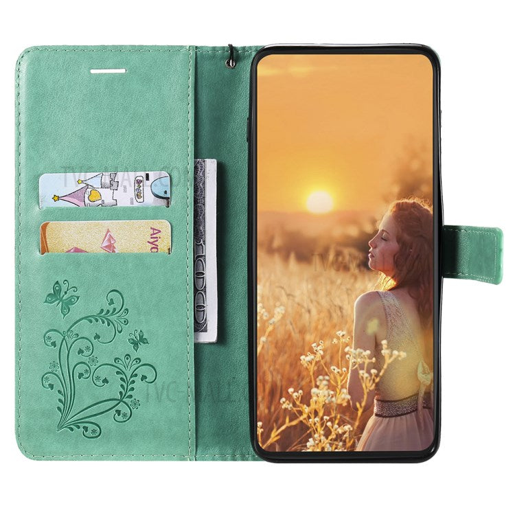 KT Imprinting Flower Series-2 Folio Flip Butterflies Imprinting Leather Wallet Case with Stand for Oppo Reno6 5G - Green