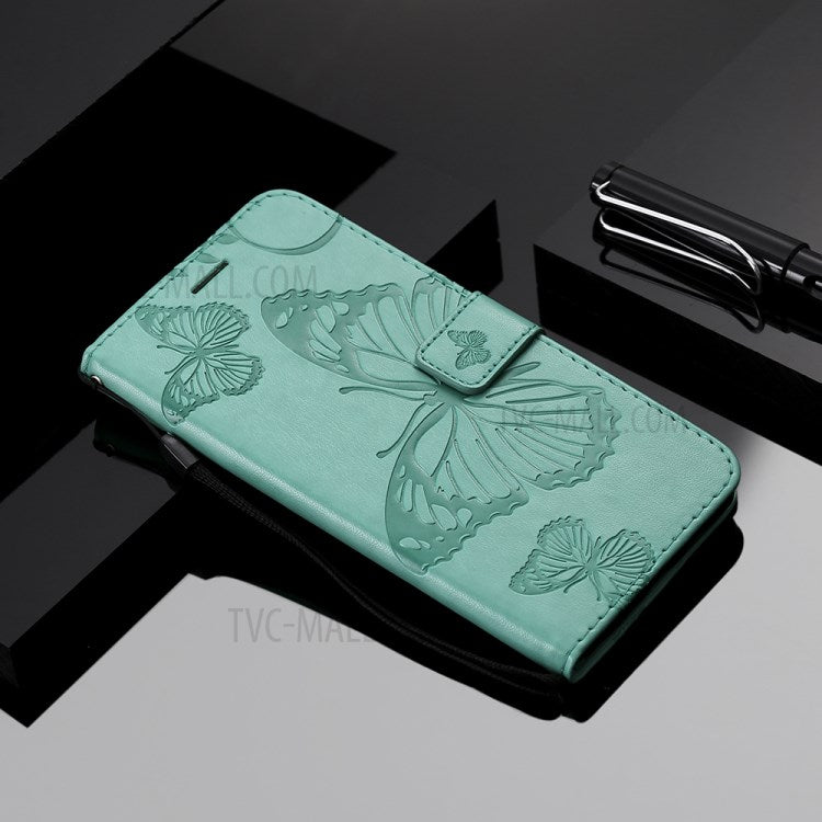 KT Imprinting Flower Series-2 Folio Flip Butterflies Imprinting Leather Wallet Case with Stand for Oppo Reno6 5G - Green