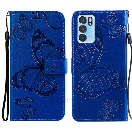 KT Imprinting Flower Series-2 Folio Flip Butterflies Imprinting Leather Wallet Case with Stand for Oppo Reno6 5G - Blue